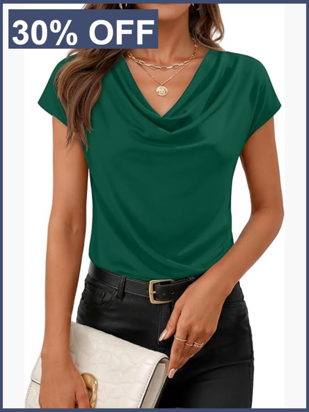 Cowl Neck Short Sleeve Blouse for Work Business Casual Tops
